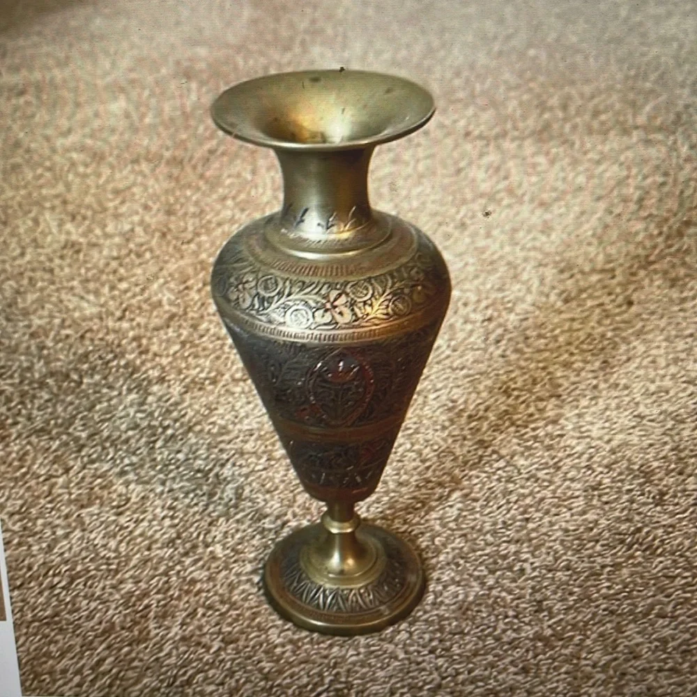 VTG Etched Brass vase 8”